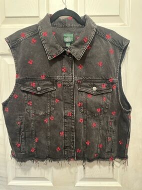 Wild Fable Black Denim Trucker Vest with Retro  Red Cherry Embroidery Detail